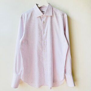 Brioni Men’s Dress Shirt – White with Red & Blue Pinstripes – Size 16